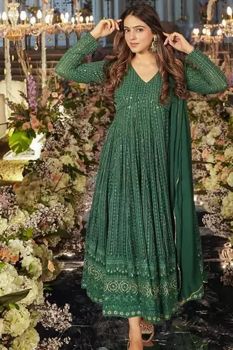 green embroidered zari sequin gown with dupatta
