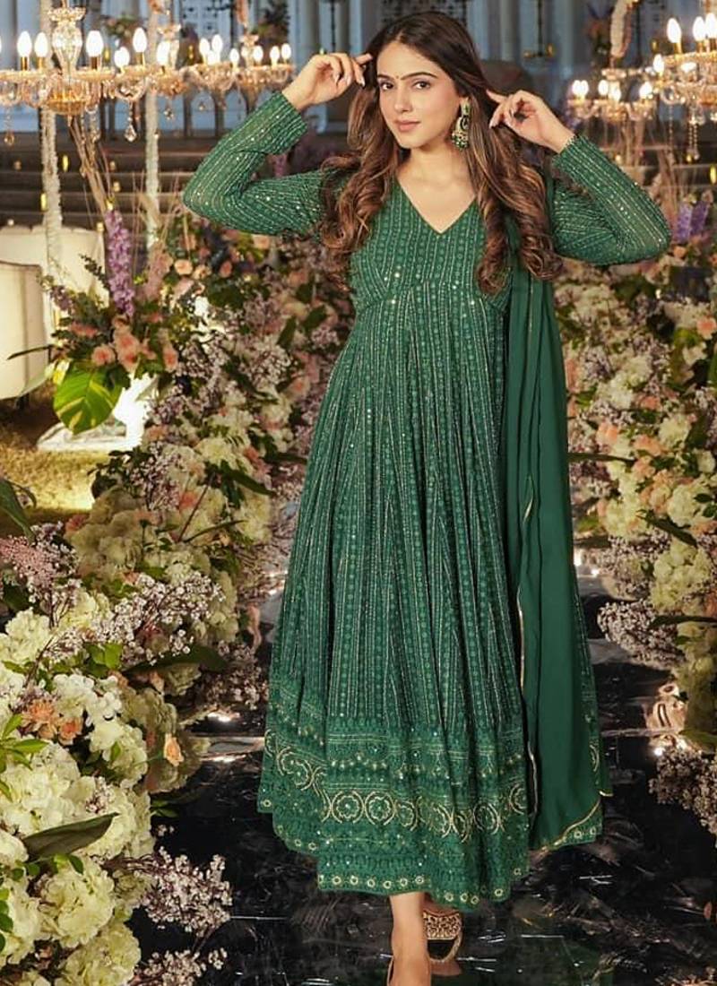 Embroidery zari sequance-work faux gown with dupatta