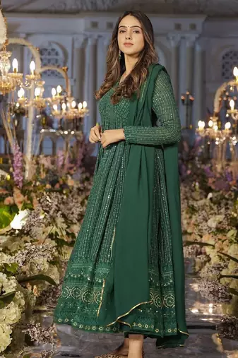 green embroidered zari sequin gown with dupatta