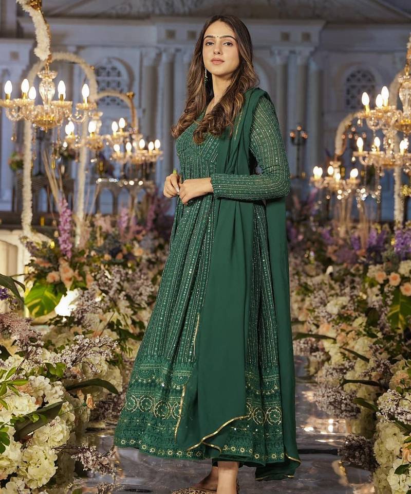 Embroidery zari sequance-work faux gown with dupatta