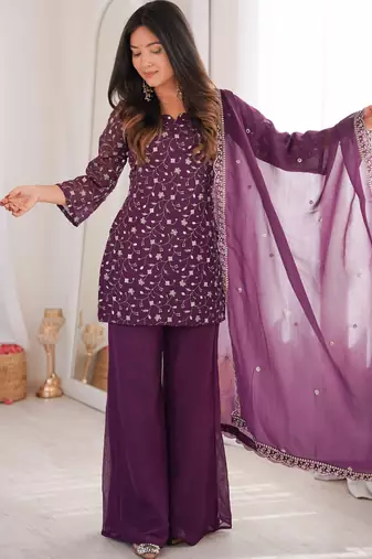 Designer chruchy silk embroidery and sequence work wine readymade salwar suit