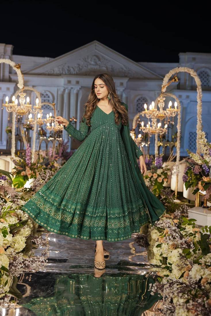 Embroidery zari sequance-work faux gown with dupatta