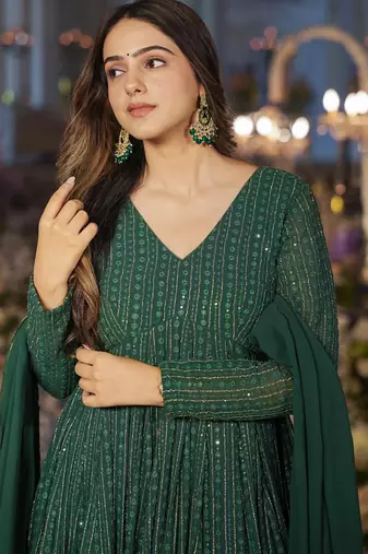 green embroidered zari sequin gown with dupatta