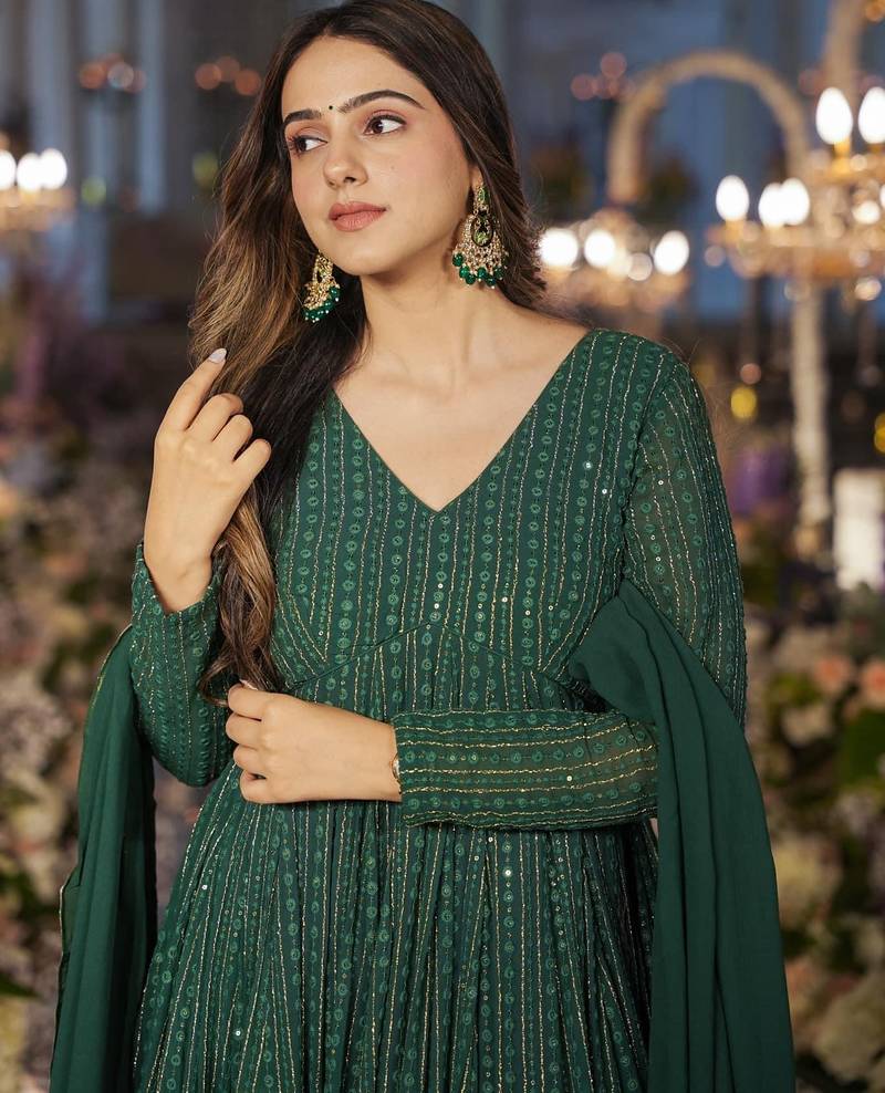 Embroidery zari sequance-work faux gown with dupatta