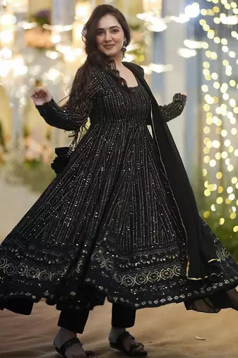 Black embroidered zari sequin gown with dupatta