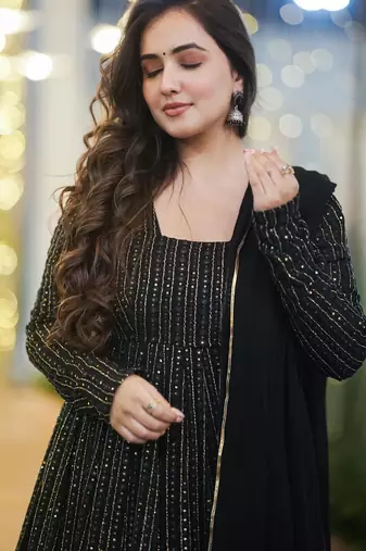 Black embroidered zari sequin gown with dupatta