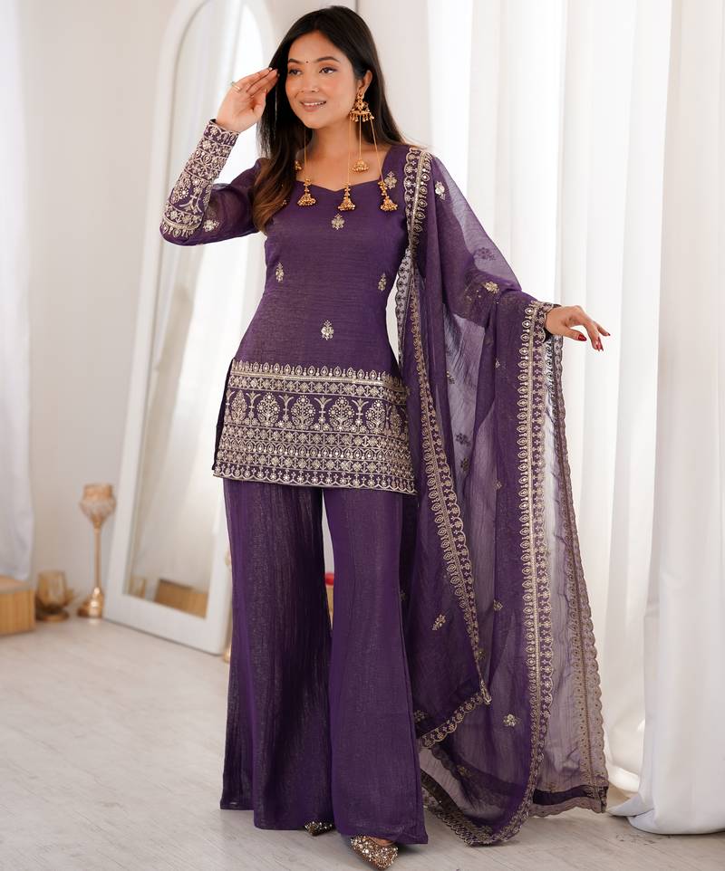 Purple crunchy silk embroidered kurta dupatta set with bell bottom pants
