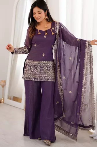 Trendy chruchy silk embroidery and sequence work wine readymade salwar suit