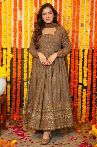 Embroidery zari sequance-work faux gown with dupatta