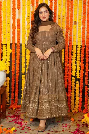 Embroidery zari sequance-work faux gown with dupatta