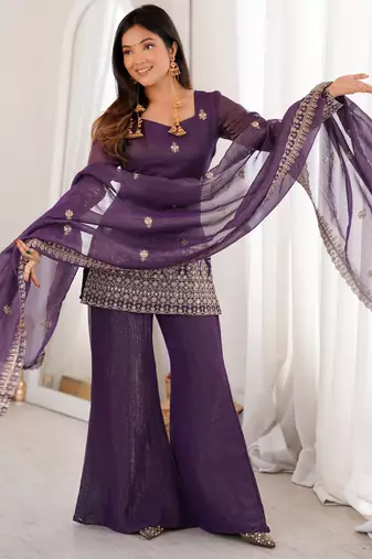 Trendy chruchy silk embroidery and sequence work wine readymade salwar suit