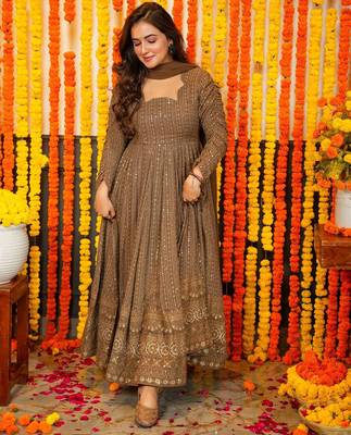 Brown embroidered zari sequin gown with dupatta 2