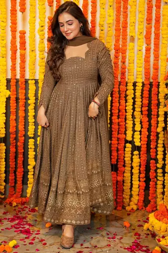 Brown embroidered zari sequin gown with dupatta