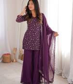 Wine crunchy silk embroidered kurta set with bell bottom pants & dupatta