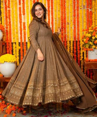 Brown embroidered zari sequin gown with dupatta 3