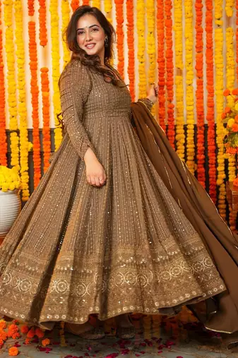 Brown embroidered zari sequin gown with dupatta
