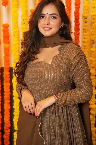 Brown embroidered zari sequin gown with dupatta