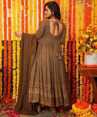 Brown embroidered zari sequin gown with dupatta 5