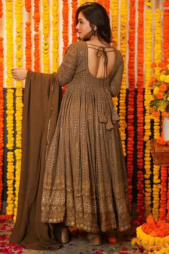 Brown embroidered zari sequin gown with dupatta