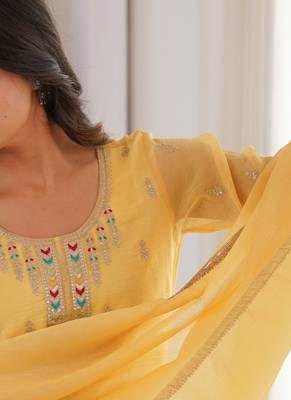 Alluring chruchy silk embroidery and sequence work yellow readymade salwar suit 2