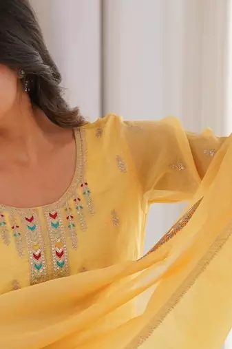 Alluring chruchy silk embroidery and sequence work yellow readymade salwar suit
