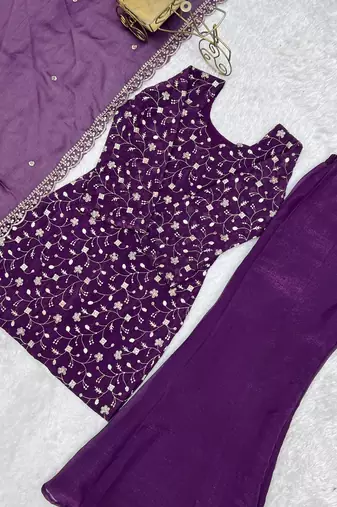Wine crunchy silk embroidered kurta set with bell bottom pants & dupatta