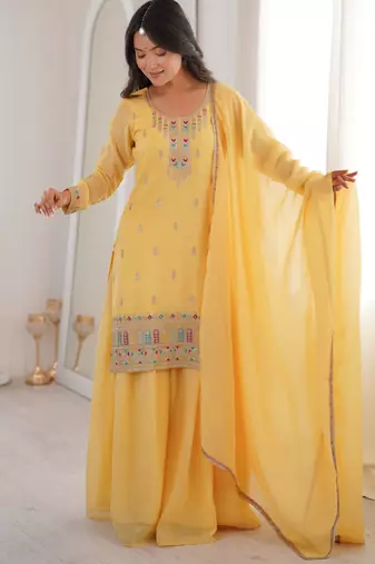 Alluring chruchy silk embroidery and sequence work yellow readymade salwar suit