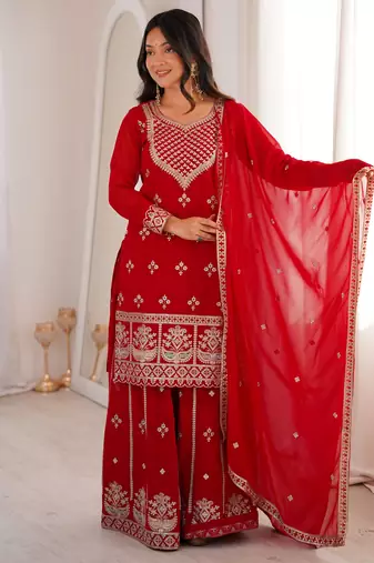 Heavy pure foux georgette embroidery sequence work red readymade salwar suit