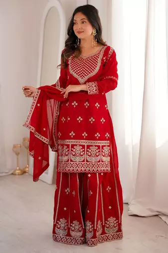 Heavy pure foux georgette embroidery sequence work red readymade salwar suit