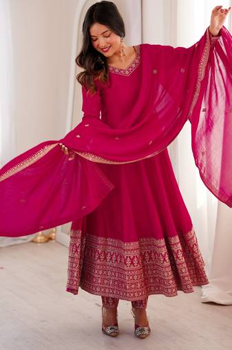 vichitra silk embroidery sequin work rani pink readymade ethnic gown