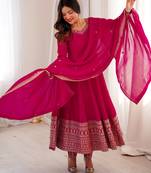 vichitra silk embroidery sequin work rani pink readymade ethnic gown