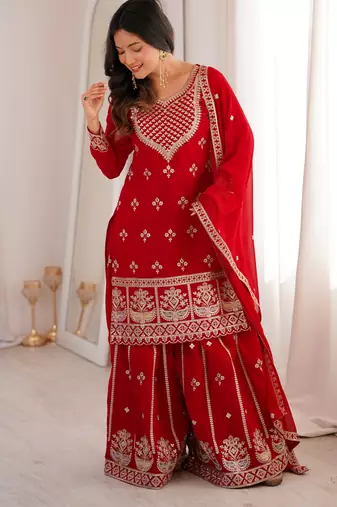 Heavy pure foux georgette embroidery sequence work red readymade salwar suit