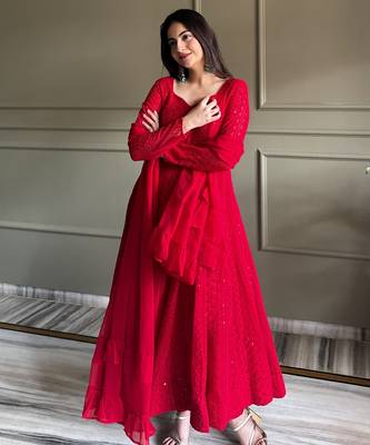 Soft foux georgette embroidery sequence work red readymade ethnic gown 2