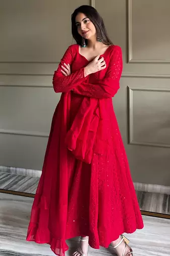 Soft foux georgette embroidery sequin work red readymade ethnic gown