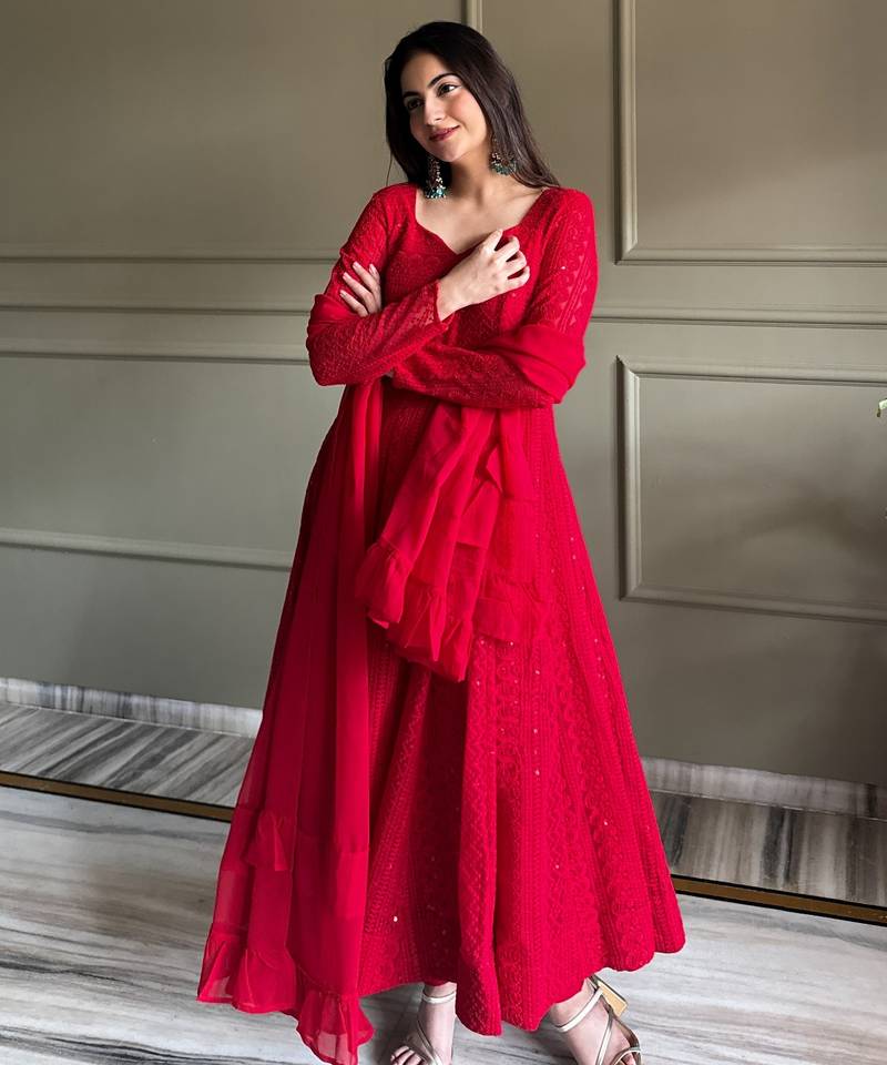 Soft foux georgette embroidery sequin work red readymade ethnic gown