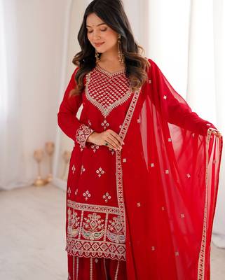 Heavy pure foux georgette embroidery sequence work red readymade salwar suit 4