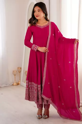 vichitra silk embroidery sequin work rani pink readymade ethnic gown