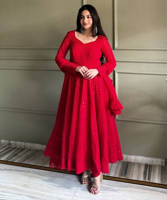 Soft foux georgette embroidery sequence work red readymade ethnic gown 3