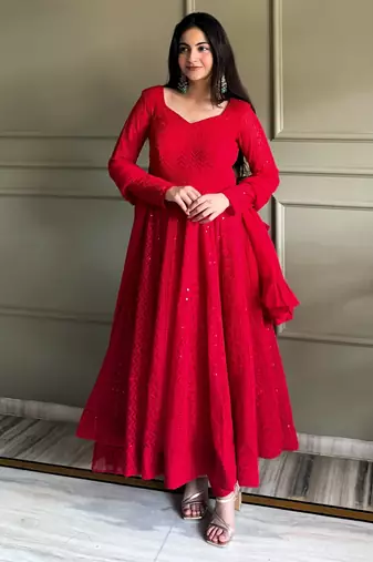 Soft foux georgette embroidery sequin work red readymade ethnic gown