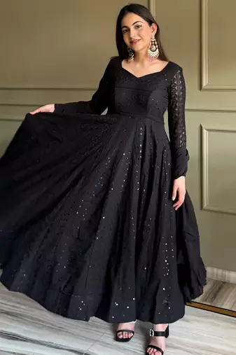 Soft foux georgette embroidery sequin work black readymade ethnic gown