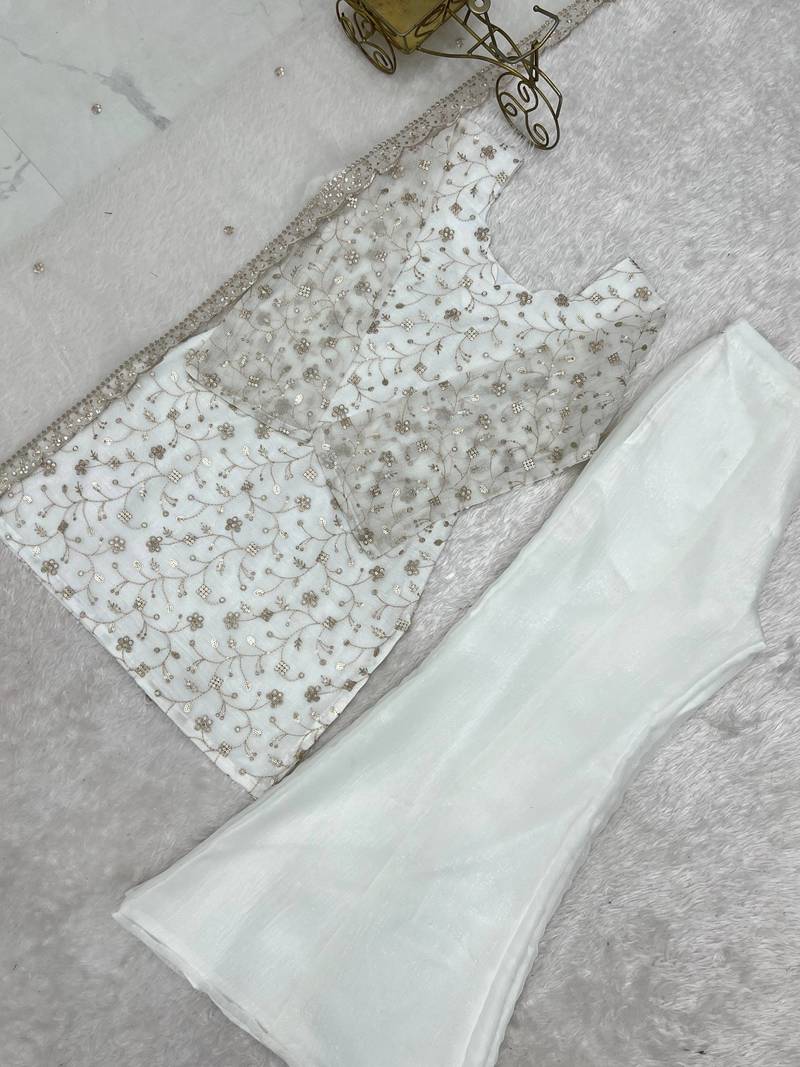 Off white crunchy silk embroidered kurta set with bell bottom pants & dupatta