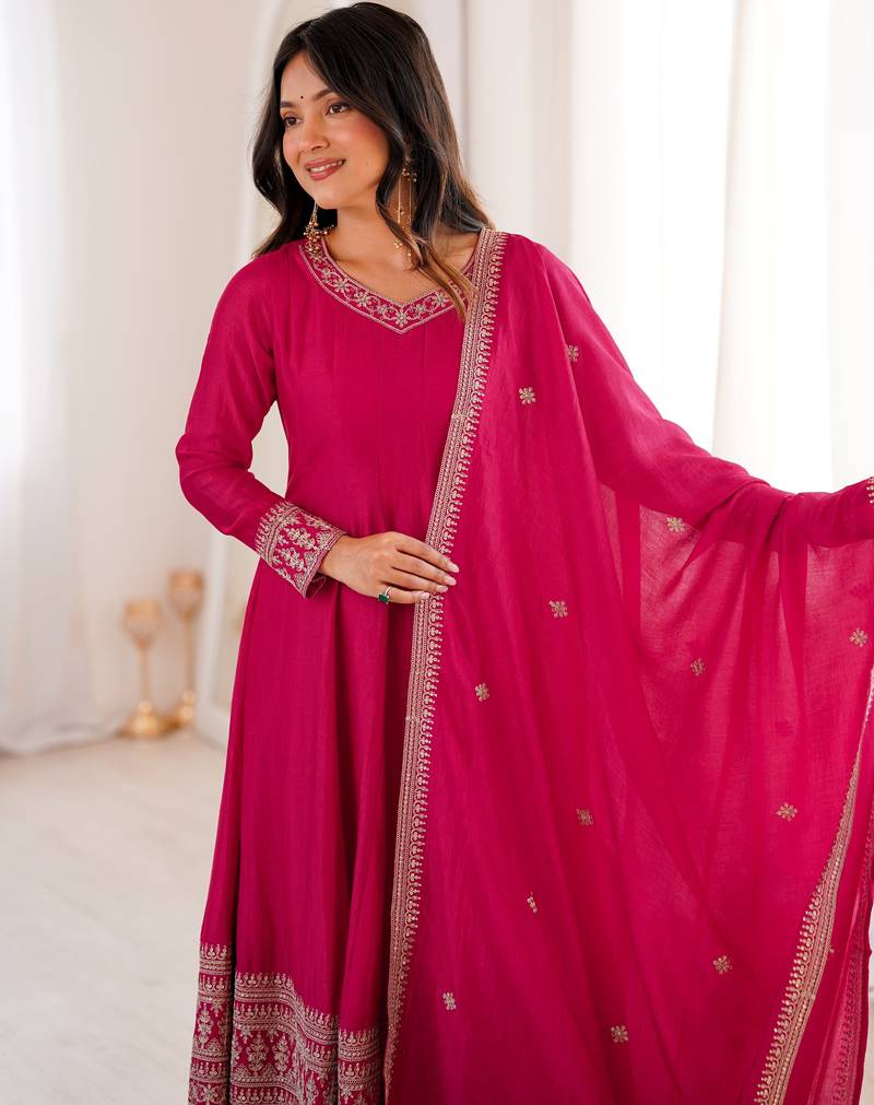 vichitra silk embroidery sequin work rani pink readymade ethnic gown