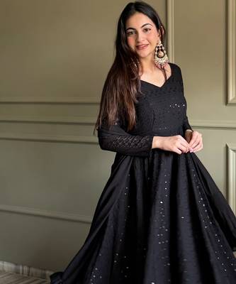Soft foux georgette embroidery sequence work black readymade ethnic gown 3