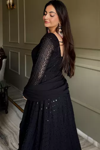 Soft foux georgette embroidery sequin work black readymade ethnic gown