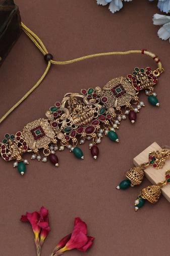 Royal maroon & green color choker lord laxmi temple necklace set for women