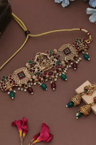 Royal maroon & green color choker lord laxmi temple necklace set for women