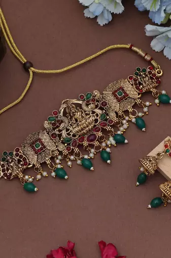 Classic green color choker lord laxmi temple necklace set with antique finish