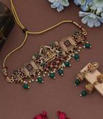 Classic green color choker lord laxmi temple necklace set with antique finish