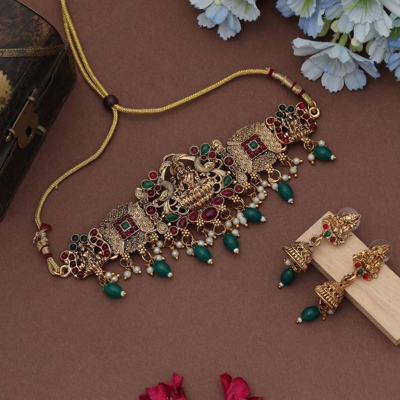 Classic green color choker lord laxmi temple necklace set with antique finish