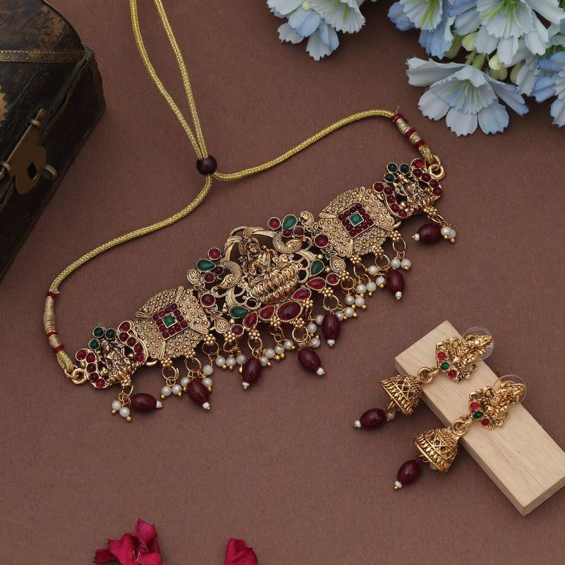Stylish maroon color choker lord laxmi temple necklace set for festive wear